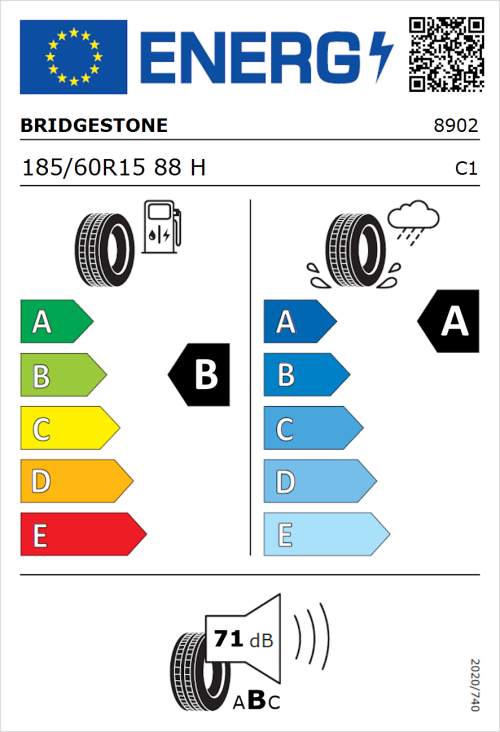 Tyre Label for Bridgestone Turanza T005 185/60R15 88H