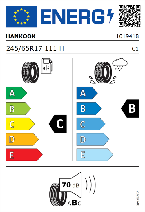 Tyre Label for Hankook Dynapro HP2 (RA33) 245/65R17 111H