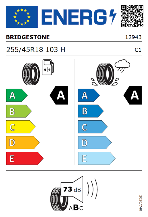 Tyre Label for Bridgestone Turanza T005 255/45R18 103H