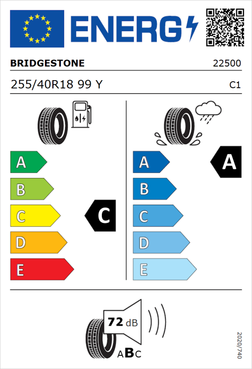 Tyre Label for Bridgestone Potenza Sport 255/40R18 99Y