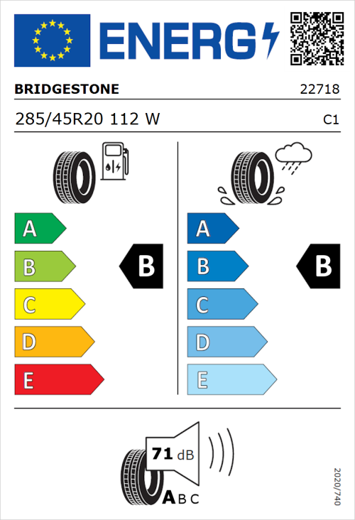 Tyre Label for Bridgestone Turanza T005 285/45R20 112W