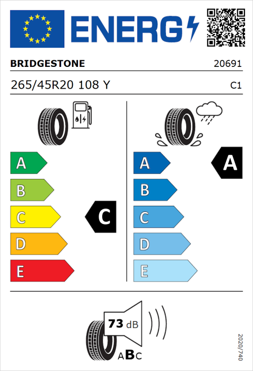 Tyre Label for Bridgestone Potenza Sport 265/45R20 108Y