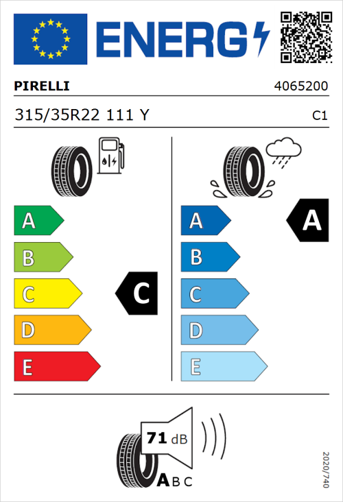 Tyre Label for Pirelli P Zero Corsa 315/35R22 111Y