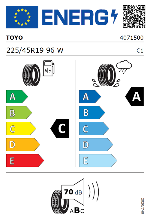 Tyre Label for Toyo Proxes Comfort 225/45R19 96W